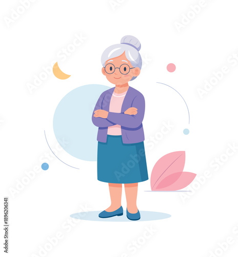 Elderly woman with glasses standing confidently, flat vector illustration