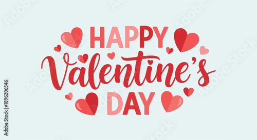 Graphic design featuring 'Happy Valentine's Day' text surrounded by hearts on a light blue background.