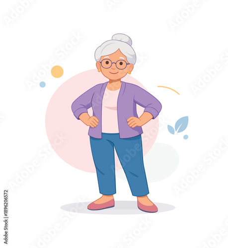 Elderly woman standing confidently with glasses and gray hair, flat vector illustration