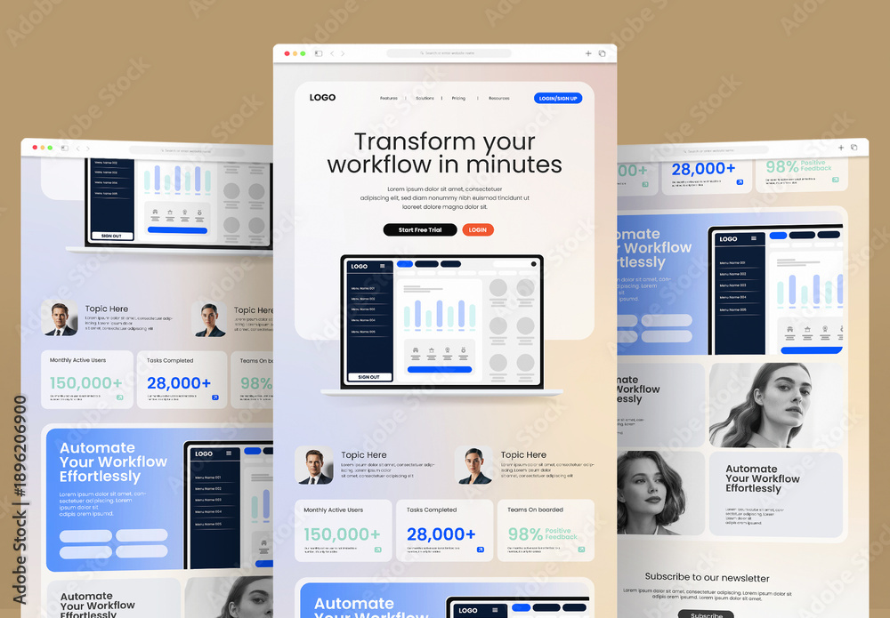 Workflow Example Page SaaS Workflow Automation Landing Page Template Stock Template | Adobe Stock