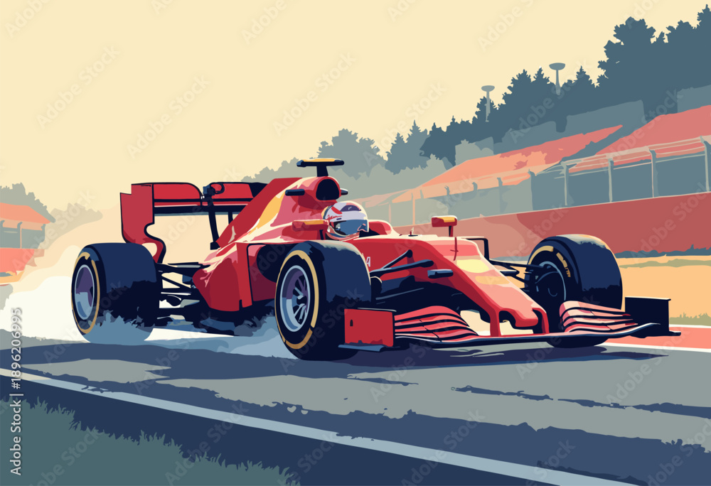 Naklejka premium Flat Formula 1 Car generic speeding around curve Speed lines asphalt texture Racing concept