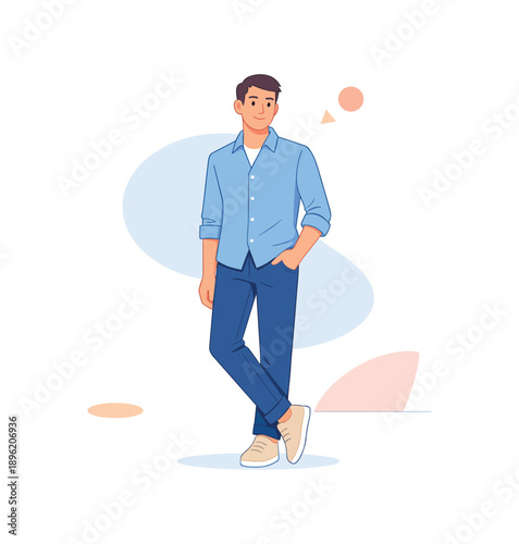 Casual young man standing in relaxed pose, flat vector illustration
