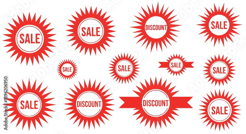 Red Sale and Discount Burst Stickers Set