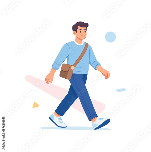 Young man walking with a crossbody bag, flat vector illustration