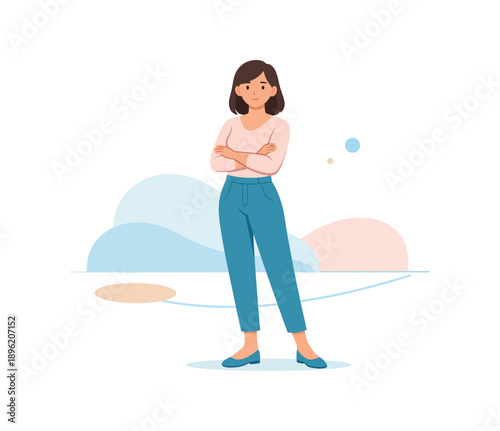Confident woman standing with arms crossed, flat vector illustration