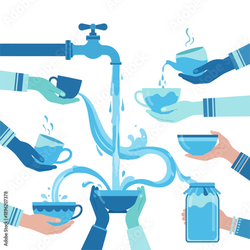 Hands holding cups and bowls receiving water from a tap and teapot