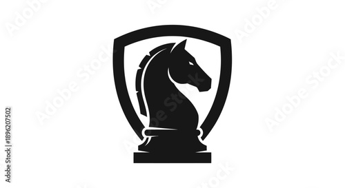 Black horse chess piece inside shield vector logo