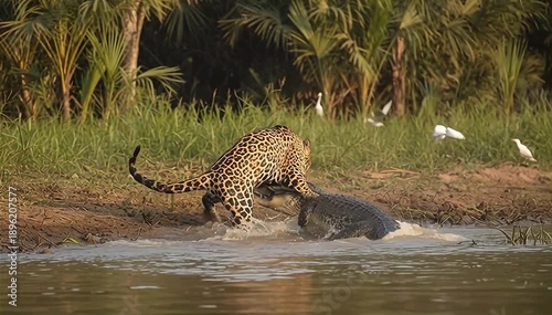 The jaguar hunting a Yacare caiman on the river's edge in the Pantanal, Brazil.
