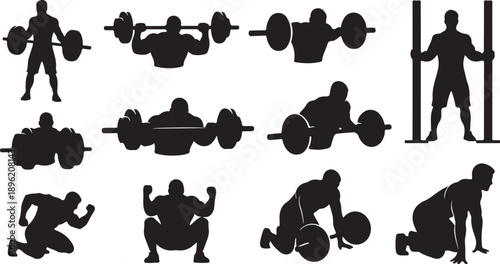 Silhouette of man lifting weights in various exercises routine