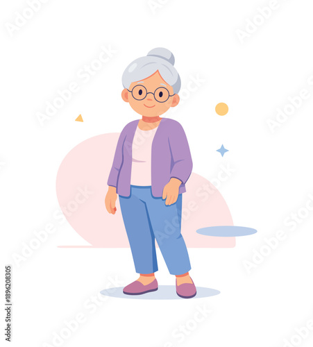 Elderly woman in casual clothes smiling elegantly, flat vector illustration