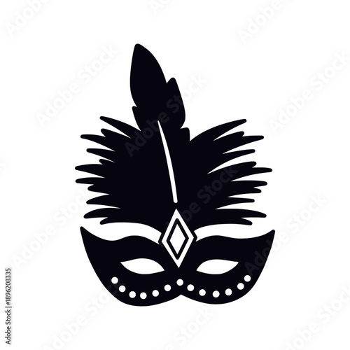 Black silhouette of carnival masquerade mask with feathers and diamond jewel decoration. Elegant festive vector Mardi Gras icon, isolated on white background.