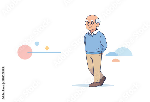 Elderly man walking with hands in pockets, flat vector illustration