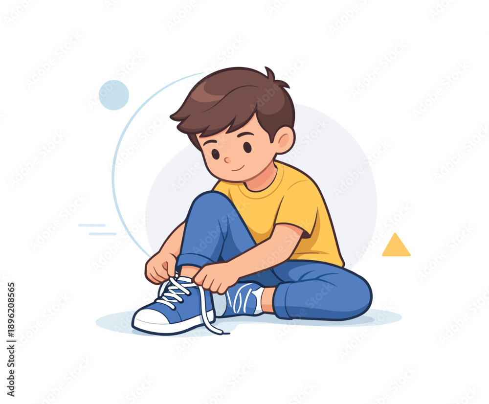 Fototapeta premium Boy tying shoes on the floor, flat vector illustration