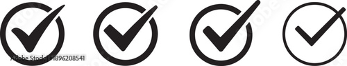 Black check mark icon set isolated on white background, circle tick approved symbol vector.