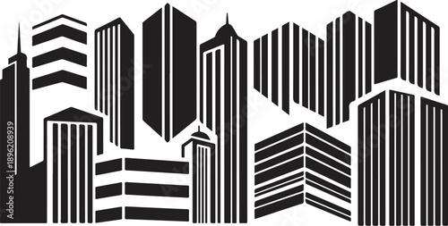 Black and White City Skyline with Modern Skyscrapers Illustration