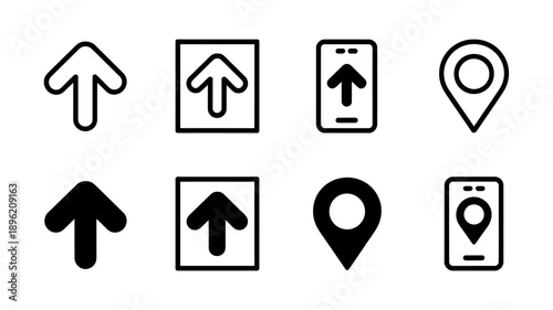 Collection of black and white direction and location icons for navigation and mapping purposes online