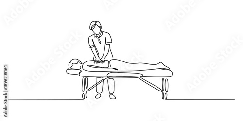 A continuous line drawing illustration of a massage therapist giving a back massage to a patient