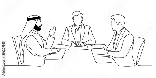 One line continuous drawing of a business meeting with three men from different cultural backgrounds