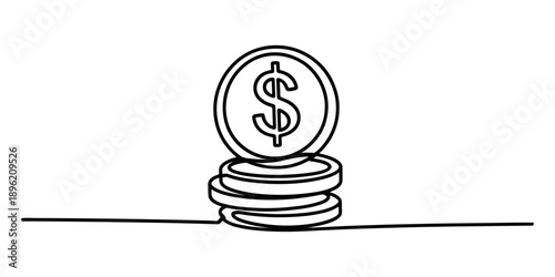 A continuous single line drawing of stacked dollar coins