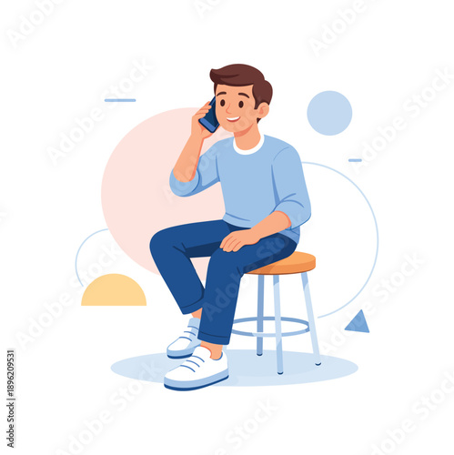 Man sitting on stool while talking on phone, flat vector illustration