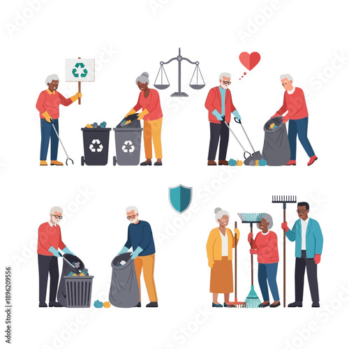 Elderly volunteers cleaning public spaces with recycling bins and lawnmowers demonstrating civic duty