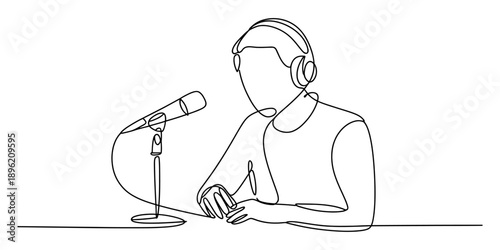 Continuous line drawing of a person speaking into a microphone while wearing headphones