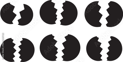 Set of black broken circle puzzle pieces icons isolated