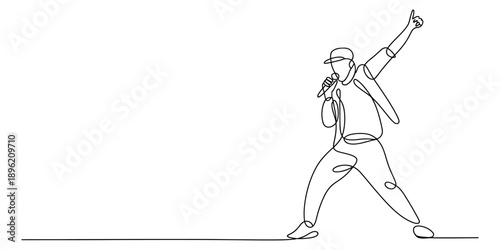 Continuous line drawing of a male performer singing and raising a hand in celebration