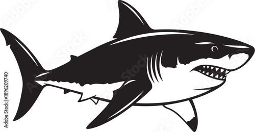 A striking black silhouette of a great white shark swimming