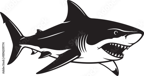 A striking black silhouette of a great white shark swimming left