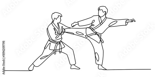 Continuous line art drawing of two martial artists sparring with a high kick