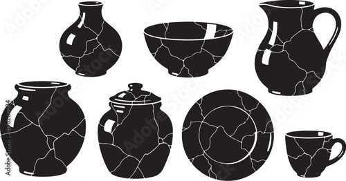 Cracked black ceramic dishes and kitchenware set illustration