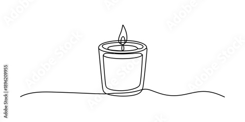 Minimalist continuous line art drawing of a glowing candle in a glass holder for tranquility and ambiance