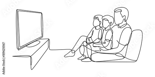 Continuous line art drawing of a family watching television together on a sofa