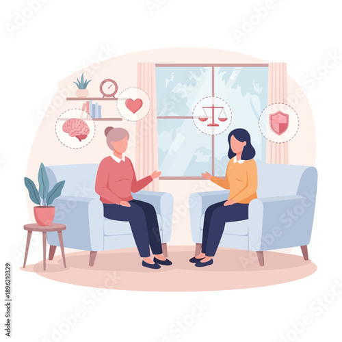 Two women in therapy session discussing mental health and well-being symbols