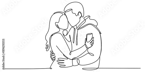 A loving embrace captured in continuous line art, symbolizing romance and connection