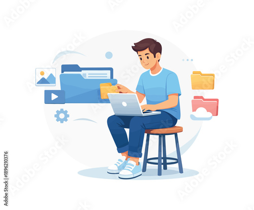 Man with laptop managing digital files, flat vector illustration