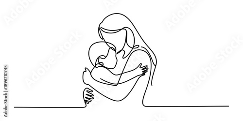 Continuous line drawing of a mother embracing her child with love and affection