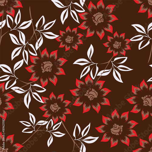 Seamless floral pattern, liberty ditsy print with cute large botany in retro folk style. Beautiful botanical design of hand drawn wild plants: flowers, leaves on black background. Vector illustration
