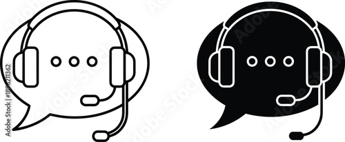 Customer support headset icon in speech bubble for call center and cad drawing flat vector illustration for help desk service