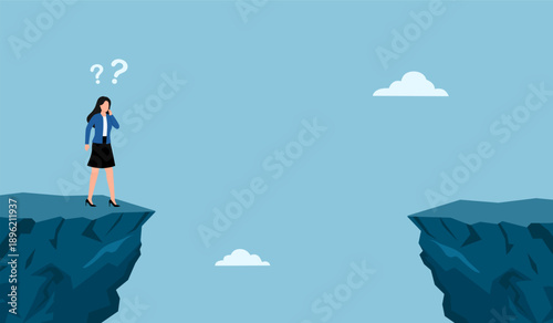 creative problem solving at work illustration with the concept of a businesswoman who is looking for a way to cross the gap between two cliffs, challenge at work