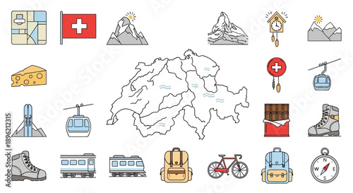 Switzerland travel icons and map vector illustration