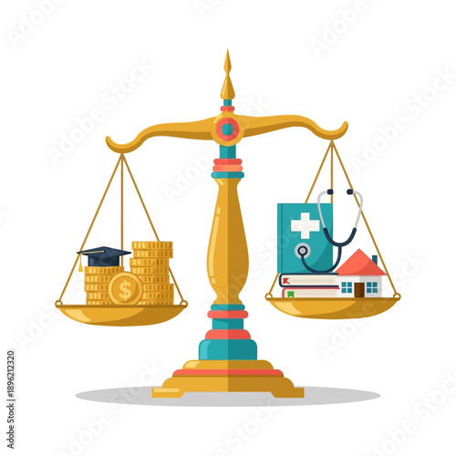 Balance scales weigh graduation cap and coins against stethoscope, medical book, and house, symbolizing life priorities
