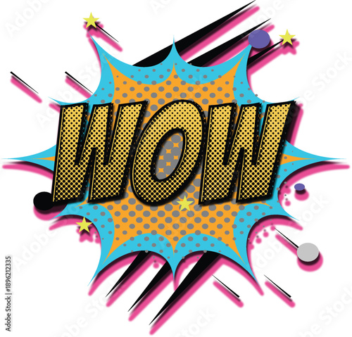 Wow comic pop art explosion burst with halftone dots, colorful retro cartoon blast bubble, superhero sound effect typography illustration design