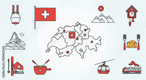 Switzerland travel icons and map illustration