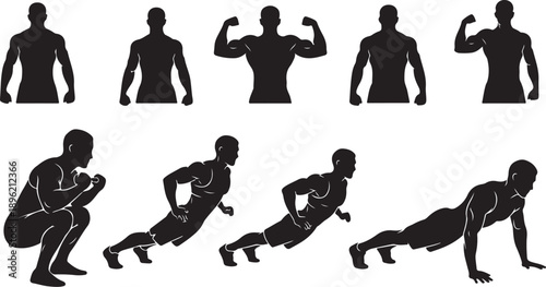 Silhouette of a man exercising in various poses and movements