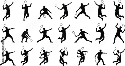 Abstract falling tennis player silhouettes set, athletes tumbling jumping racket action poses, black figures pattern isolated on gray background illustration
