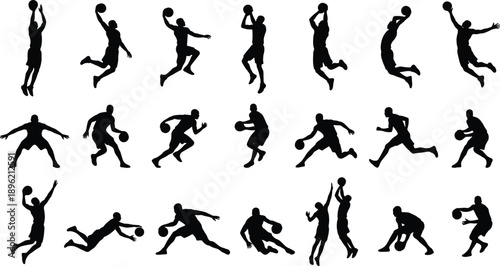 Basketball player action silhouettes set, athletes jumping running dribbling shooting poses, black sport figures isolated on gray background illustration