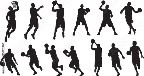 Basketball Player Silhouette Vector Set Featuring Professional Athletes Jumping Shooting and Dribbling for Sports Team Branding Tournament Promotion and Gym Fitness Graphic Design Projects