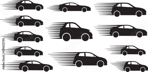 Black cars speeding in motion on white background illustration